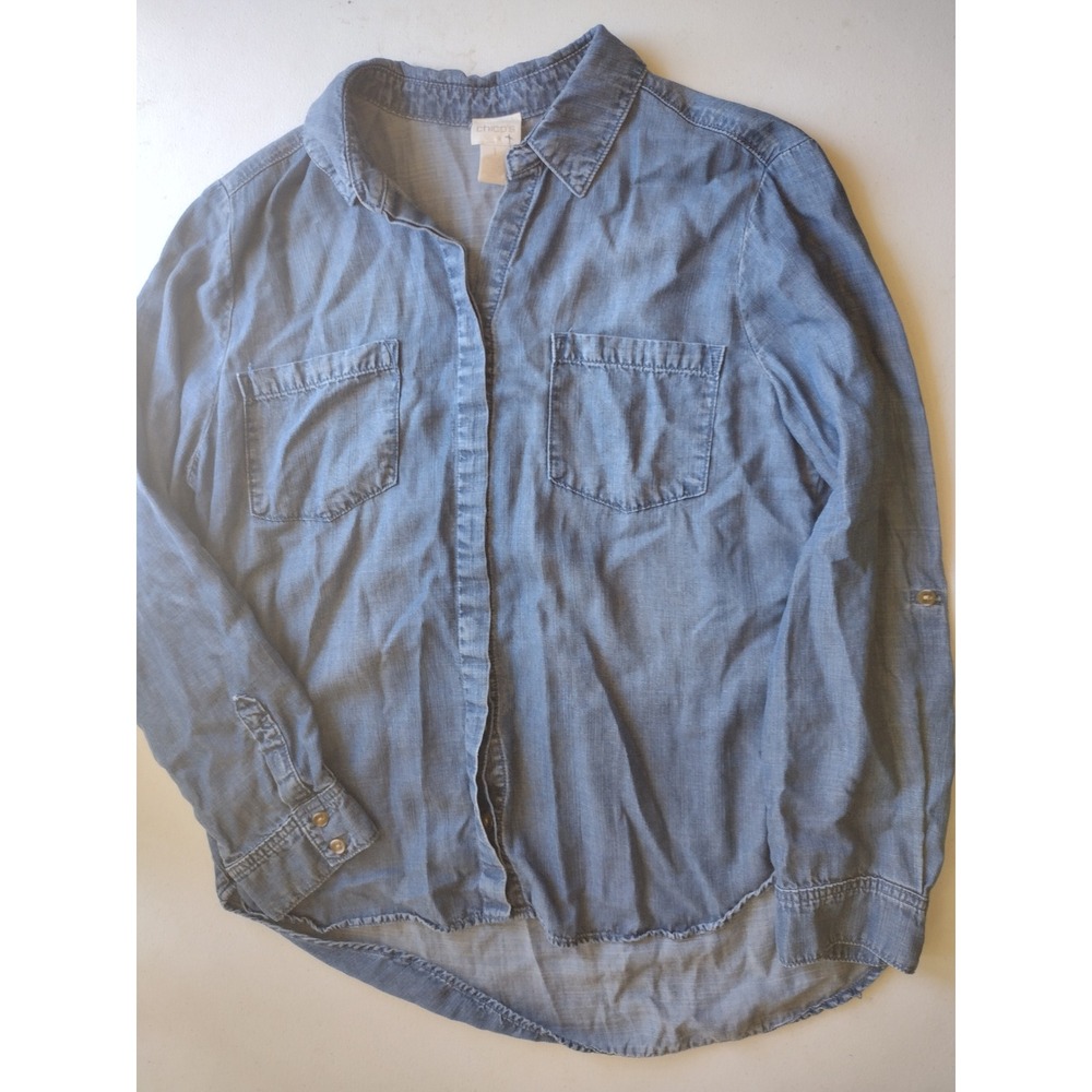 Chicos Blue Lyocell Button Down Shirt Long Roll Tab Sleeve High Low Hem Size 1